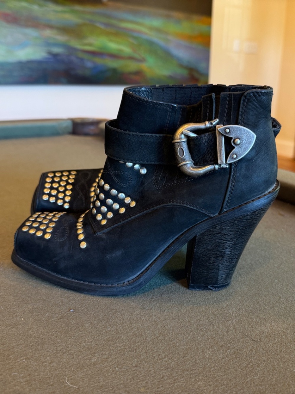 Jeffrey Campbell Maxim Black Leather Studded Buckle Ankle Boots Size 7